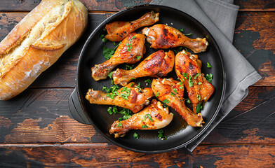 Roasted chicken legs with potatoes and bread on the wooden background. 