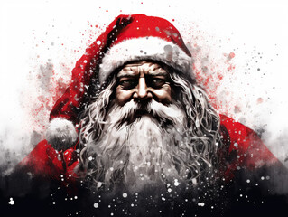 Santa Claus ink illustration, Colorful realistic drawing of Santa Claus in Christmas hat with long white beard, detailed face