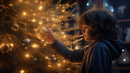 Little boy decorating Christmas tree at home, Cute boy putting on ornament on tree with Christmas lights, candid photography, magical mood