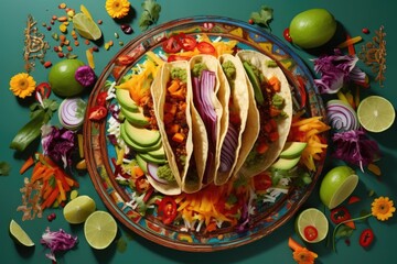 Fototapeta premium overhead shot of a colorful taco with chili pepper and avocado slices
