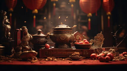 Traditional Chinese table arrangement for dinner party in an old home, tangerines, ornamental pots, and red decorations