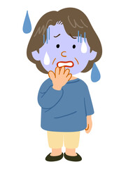 青ざめる青いカットソーを着たシニアの女性　全身
