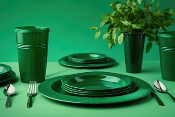 A set of disposable plastic utensils. The concept of ecology and recycling of plastic waste.