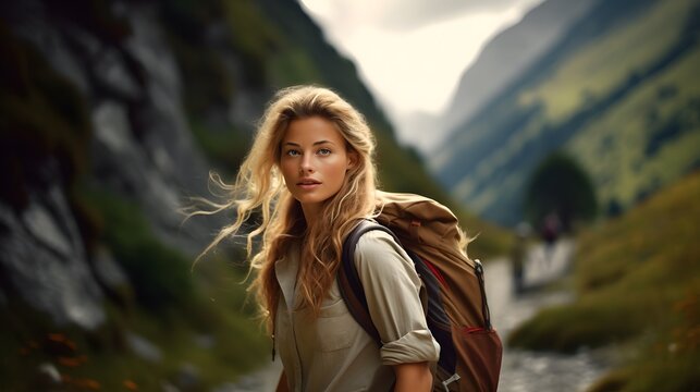 French Alps Discovery: Candid Image of a Young Woman's Hiking Adventure