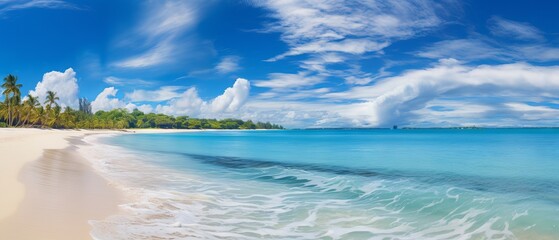 Relaxing and inspiring seascape of sky and sea: a panoramic view of a tropical beach with a wide horizon - obrazy, fototapety, plakaty