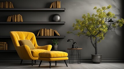 3d rendering loft luxury living room with bookshelf