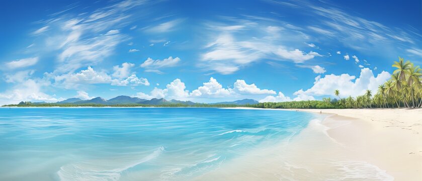 Relaxing and inspiring seascape of sky and sea: a panoramic view of a tropical beach with a wide horizon