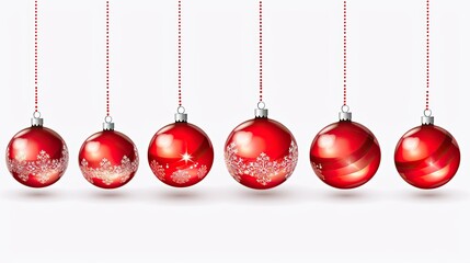 Red and white illustration of Christmas balls hanging against a background. Generative AI