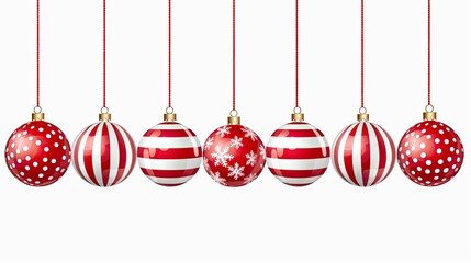 Red and white illustration of Christmas balls hanging against a background. Generative AI