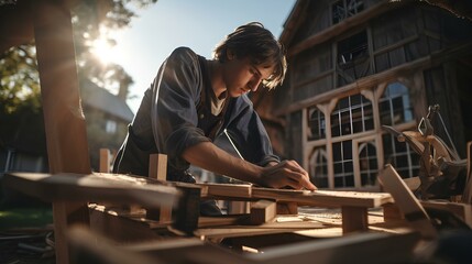 young craftsman building a house ai generated - obrazy, fototapety, plakaty