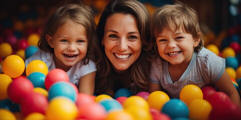 Portrait of happy mother and children playing with colorful balls in kindergarten