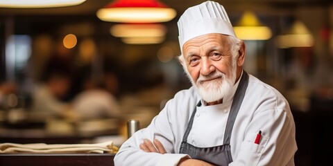 Portrait of a senior male chef standing in a restaurant and looking at camera