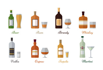 Alcoholic drinks icons isolated on white background. Set of 8 alcohol bottles and glasses. Beverages in flat design. Vector illustration.