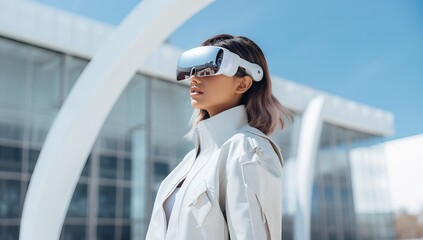 beautiful woman in 3d glasses looking away while standing near building