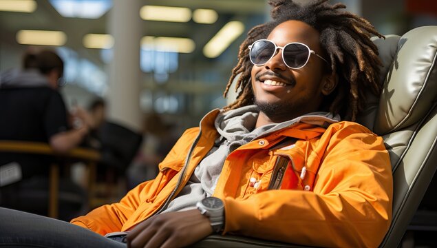 Young African American Man In Orange Jacket And Sunglasses Sitting In Airport Lounge