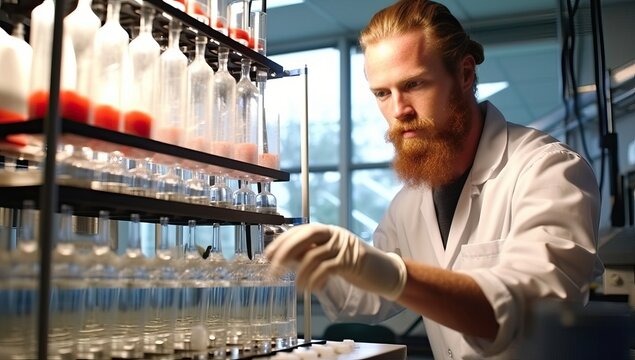 Scientist working in laboratory. Young red-bearded male researcher carrying out scientific research in a lab.