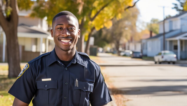 smiling African American police officer standing in front of a house