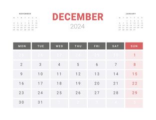Calendar Template of december 2024. Vector layout simple calendar with week start Monday.