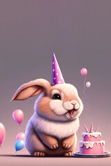 Cute rabbit with birthday cake and balloons and space for copy