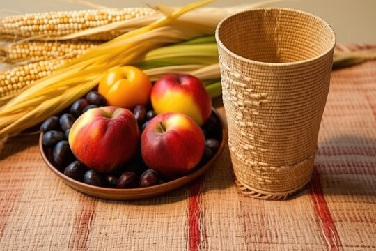 unity cup, fruits, and corn on straw mat