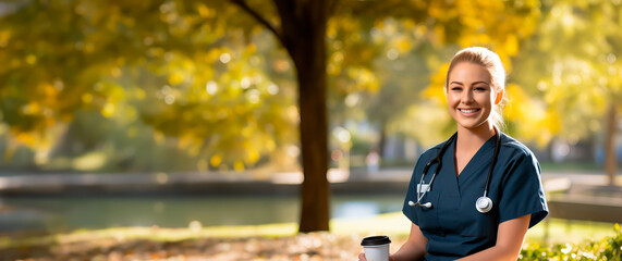 Nurse or doctor, taking a break outdoors. Shallow field of view and copy space.