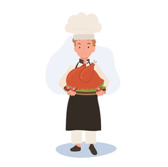 Young Chef in Chef Hat and Apron is Serving Whole Roasted Turkey.