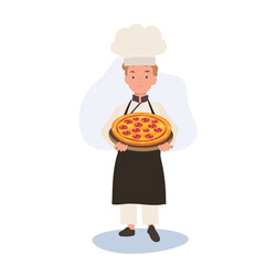 Young Chef Cooking Delicious Homemade Pizza. Child Chef in Chef Hat Serving Pizza