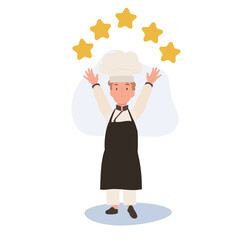 Kid Chef with 5 Stars. Young Gourmet Chef Celebrating 5-Star Review