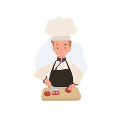 Kid Chef Chopping tomatoes. Cute Kid Chef Illustration