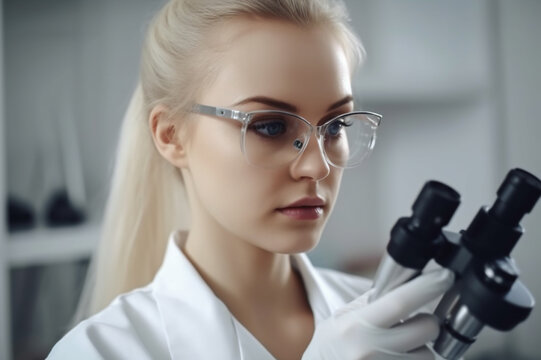 female scientist looking through microscope