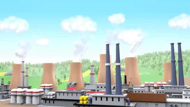 3D Animated Coal Fired Astravets Thermal Power Station Emissions Vapor and Smoke. The Astravets Nuclear or Atomic Power Station.