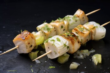 a skewer with alternately placed fish cubes and onion chunks
