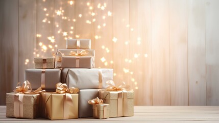 photo pile of christmas presents over light wall on wooden table with cozy rug. christmas decorations ai generated