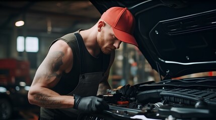 Muscular man car service worker repairing vehicle ai generated