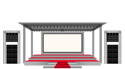 red stage and white screen with spotlight on the truss system on the white background