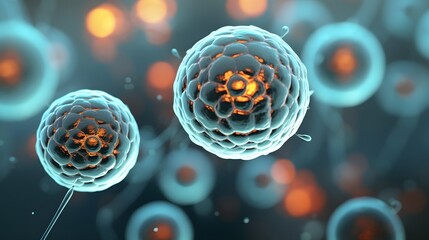 Cellular Therapy and Regeneration, microscope of cell, Embryonic stem cells background. - obrazy, fototapety, plakaty