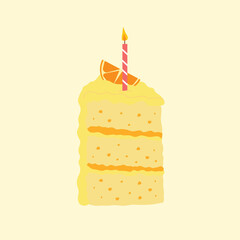Slice of orange, lemon cream cake with candle on top of it. Birthday cake.Happy birthday. Vector illustration.