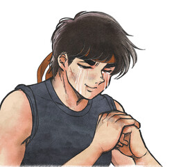 レトロ風・肉体労働、喧嘩、拳を握って泣く筋肉隆々のイケメン