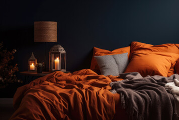 Cozy bedroom with stylish decor in autumn style