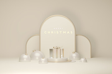 Christmas studio interior with gold platform, balls, sphere with light and gift. Podium, stand for goods, shop windows and magazines. New Year greeting card, poster, banner - 3D render.	