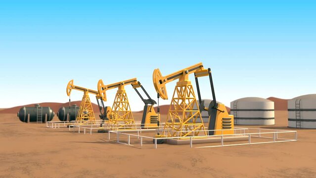 Oil Well Pump or Oil Rig Energy Industrial Machine for Petroleum. Yellow Well Pump Jacks Extracting Oil 3D Animated 4K Video.