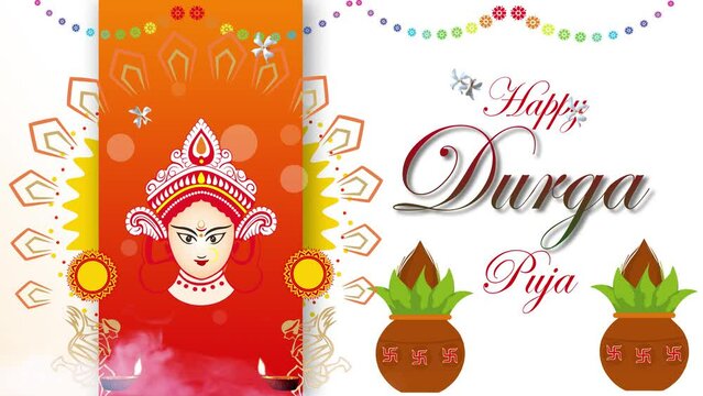 Durga Animation with Pots Flowers Drummers in white Background