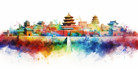 Rainbow Aquarelle Silhouette of Beijing's Iconic Cityscape, Showcasing the Great Wall, Forbidden City, and the Rich Tapestry of Chinese History