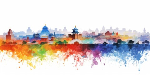 Rainbow Aquarelle Silhouette of Beijing's Iconic Cityscape, Showcasing the Great Wall, Forbidden City, and the Rich Tapestry of Chinese History