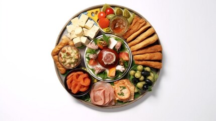 Fototapeta premium A platter of assorted Mediterranean delicacies, including dolmas and tzatziki.