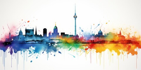 Rainbow Aquarelle Silhouette of Berlin's Iconic Cityscape, Showcasing the Brandenburg Gate, Berlin Wall, and the Rich Tapestry of German History - obrazy, fototapety, plakaty