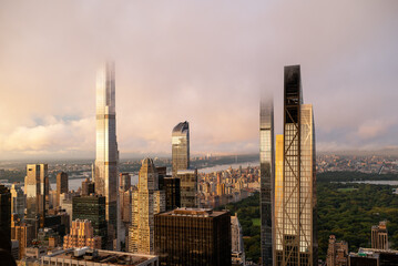Epic sunset after the rain. Amazing aerial cityscape landscape about New York city, Manhattan....