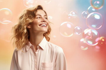 Fototapeta premium Woman Laughing Against a Soft Pastel Background - Her Laughter Forming Colorful Bubbles - Studio Concept Shot - AI Generated