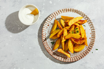 Fried potato wedges with sour cream, and herbs, top view