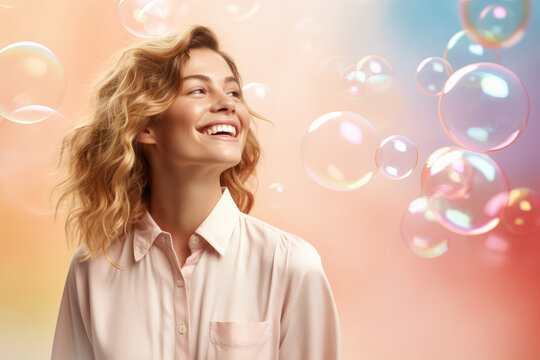 Woman Laughing Against a Soft Pastel Background - Her Laughter Forming Colorful Bubbles - Studio Concept Shot - AI Generated